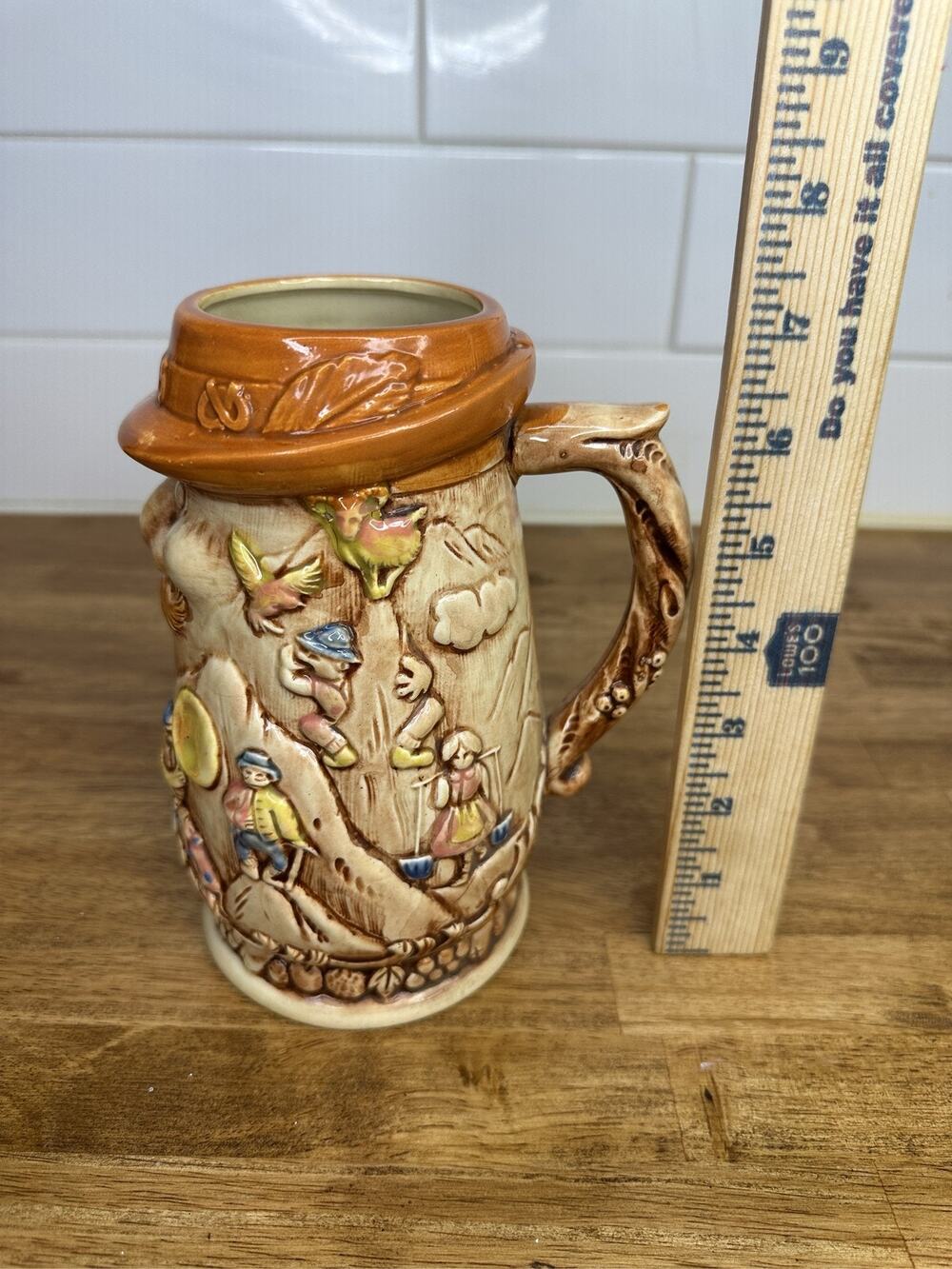 Japanese Ceramic Beer Stein Mug 3D Relief Bavarian Scene German Style